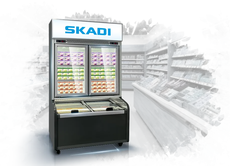 Durable Commercial Freezer Cabinet | CFC-1268A by Skadi positioned in a retail aisle, surrounded by shelves of various products. The well-lit freezer cabinet enhances product visibility, suitable for busy commercial environments.